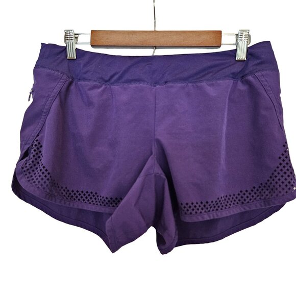 Athleta Laser Cutout Hem Purple 3 inch Shorts With Lining, Size Medium - Picture 1 of 10
